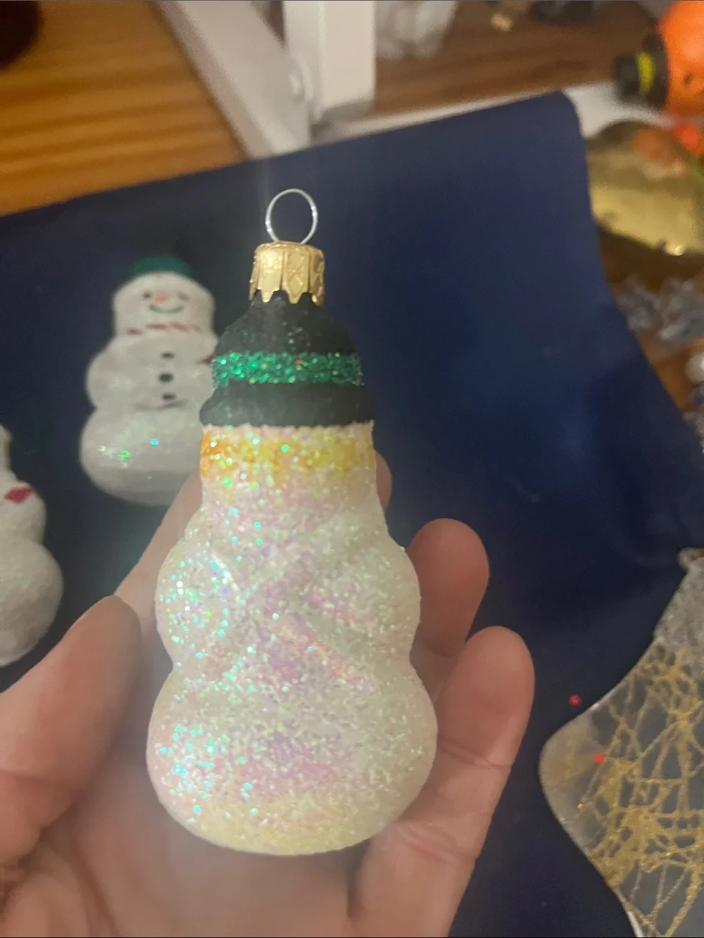 Glitter Snowman Ornaments - White and Green Holiday Set